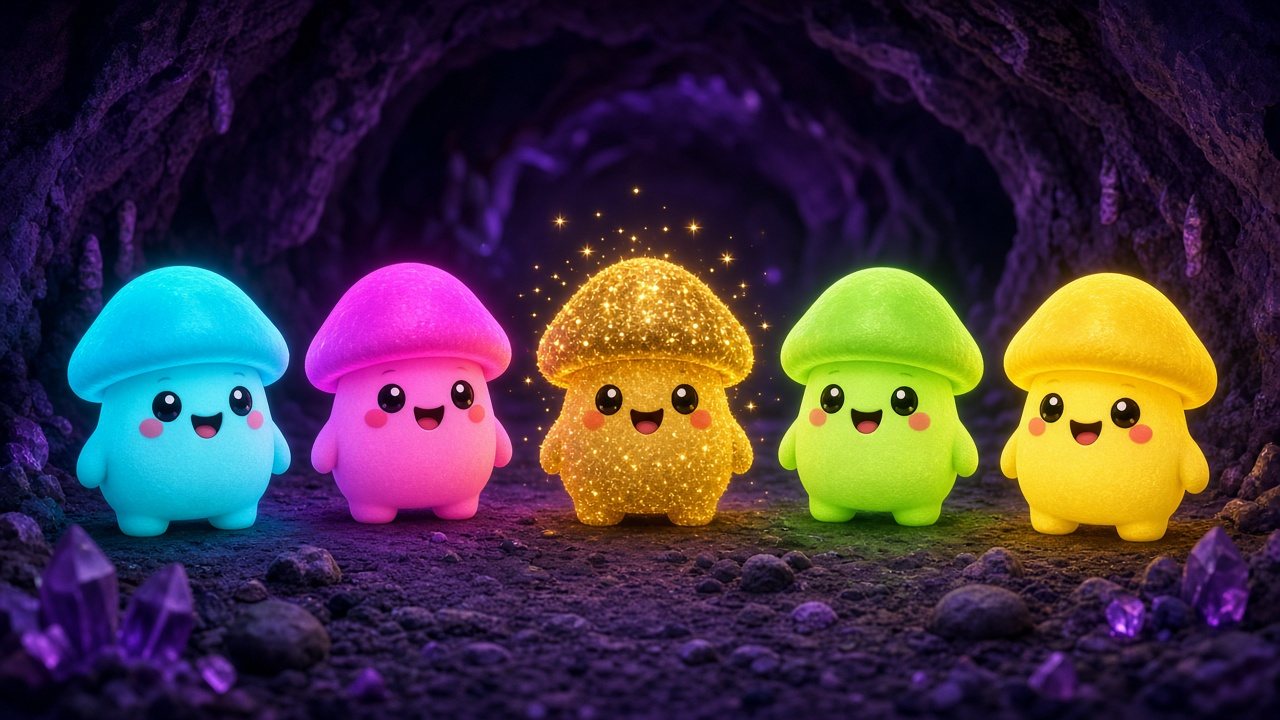 Five smiling glowing mushroom characters in cyan, magenta, sparkling gold, lime and sunny yellow in a crystal cave