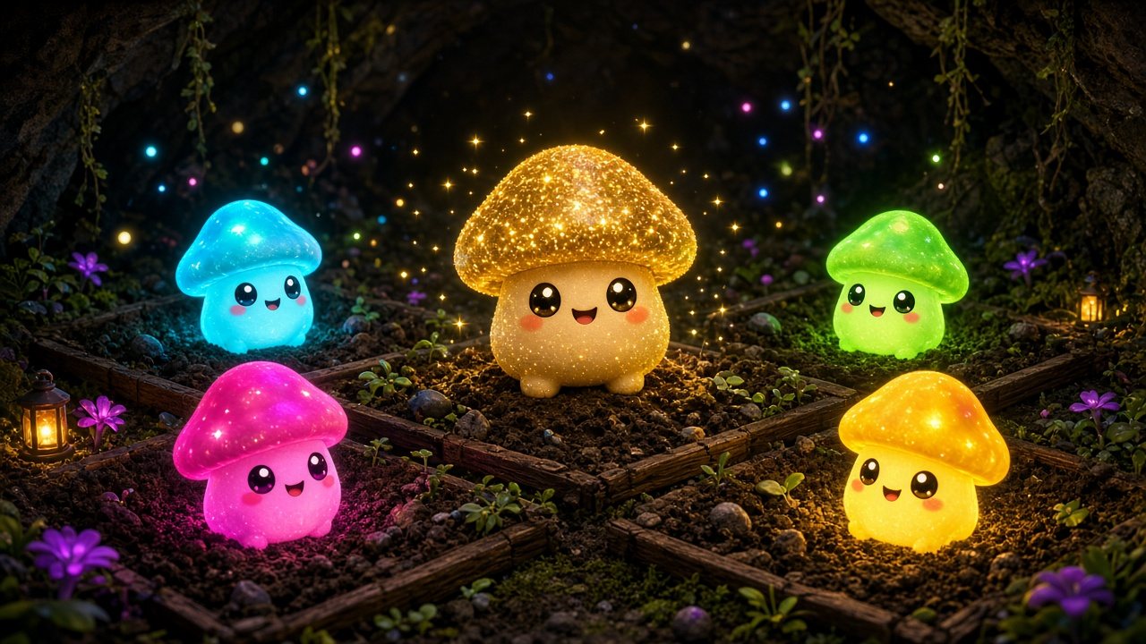 A sparkling gold-glitter mushroom friend in the middle of a glowing cave farm, surrounded by neon cyan, magenta, lime and yellow mushrooms